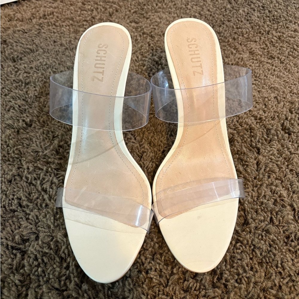 SCHUTZ Cream and White Heels with Clear Straps